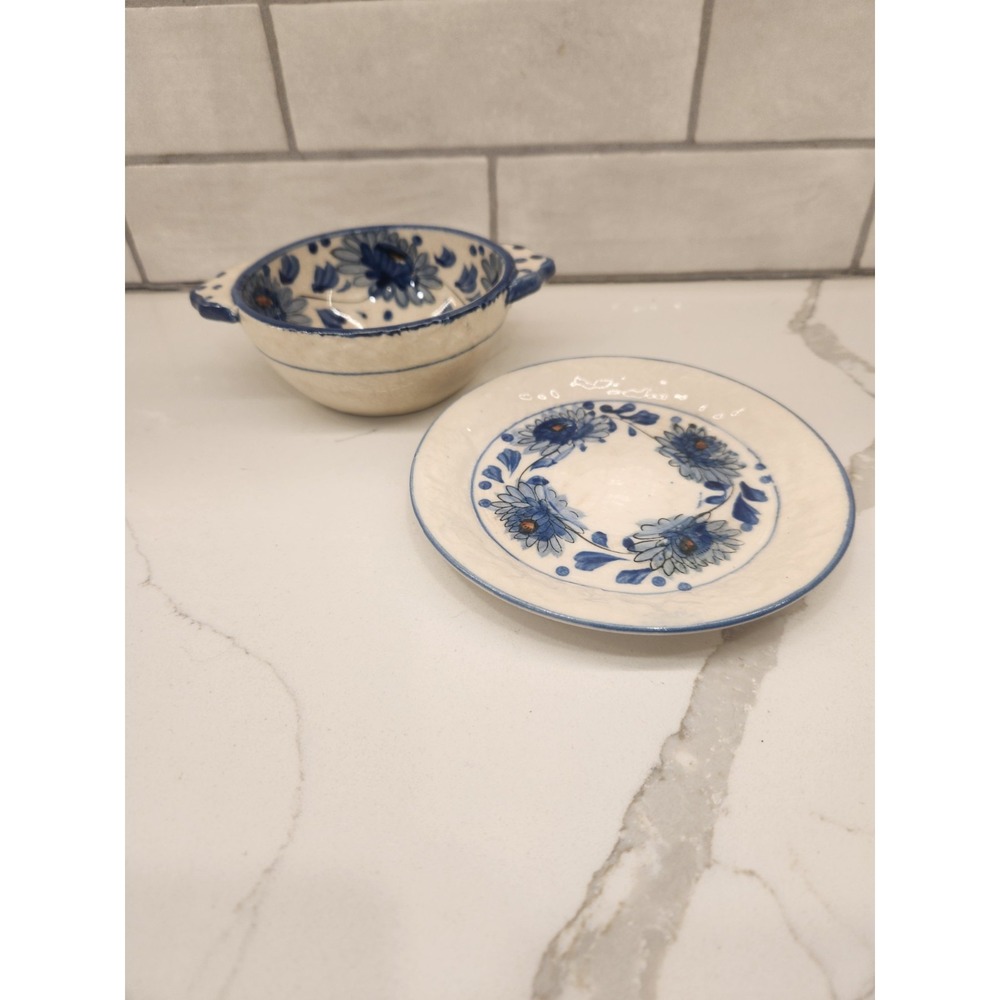 Vintage Blue Flower Hand Painted In Japan Soup Cereal Rice Bowl And Under Plate
